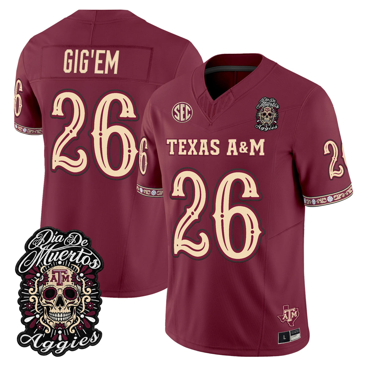 Men's Texas A&M Aggies Día de los Muertos Vapor Limited Jersey - All Stitched - Maroon - #26 Gig'Em