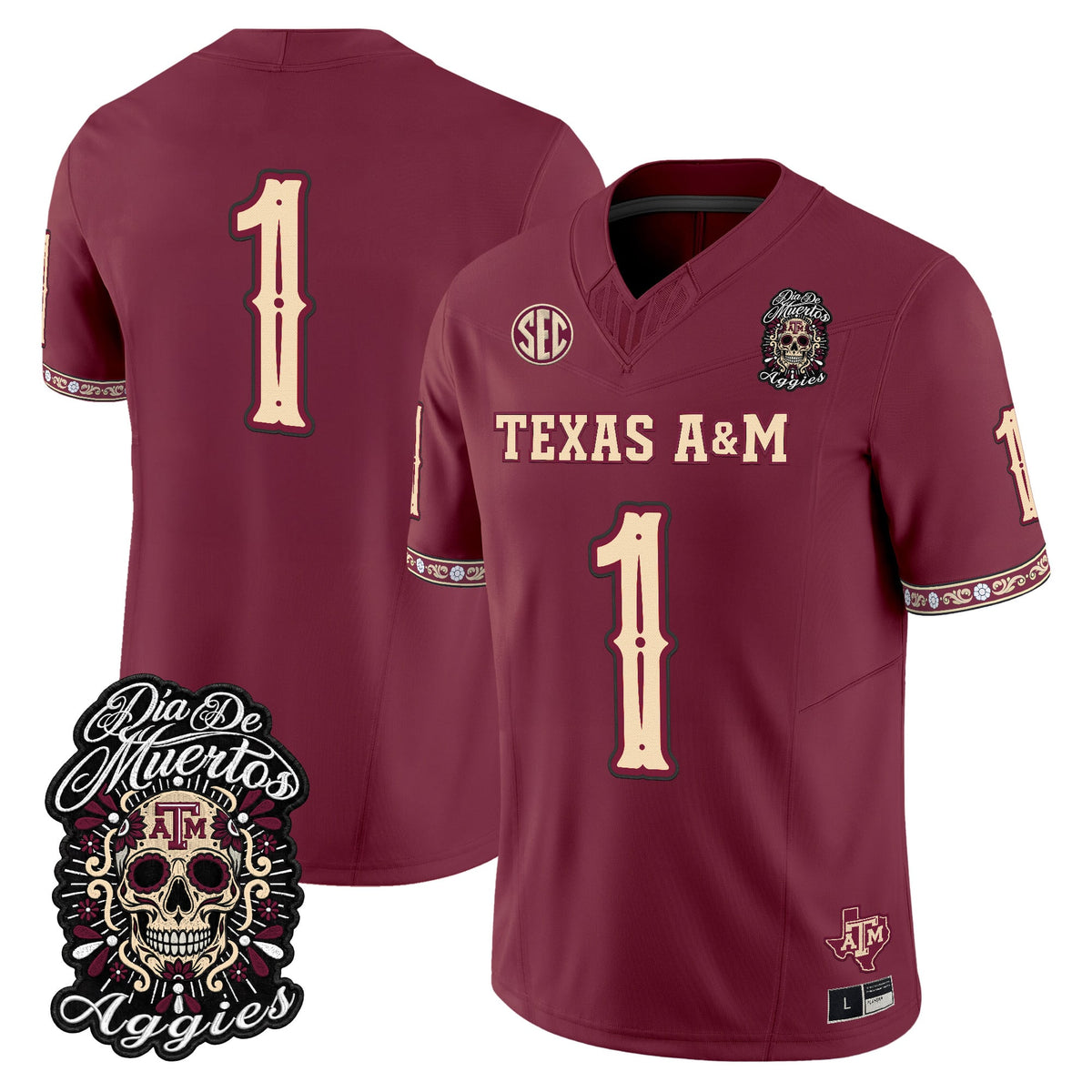 Men's Texas A&M Aggies Día de los Muertos Vapor Limited Jersey - All Stitched - Maroon - #1 Team