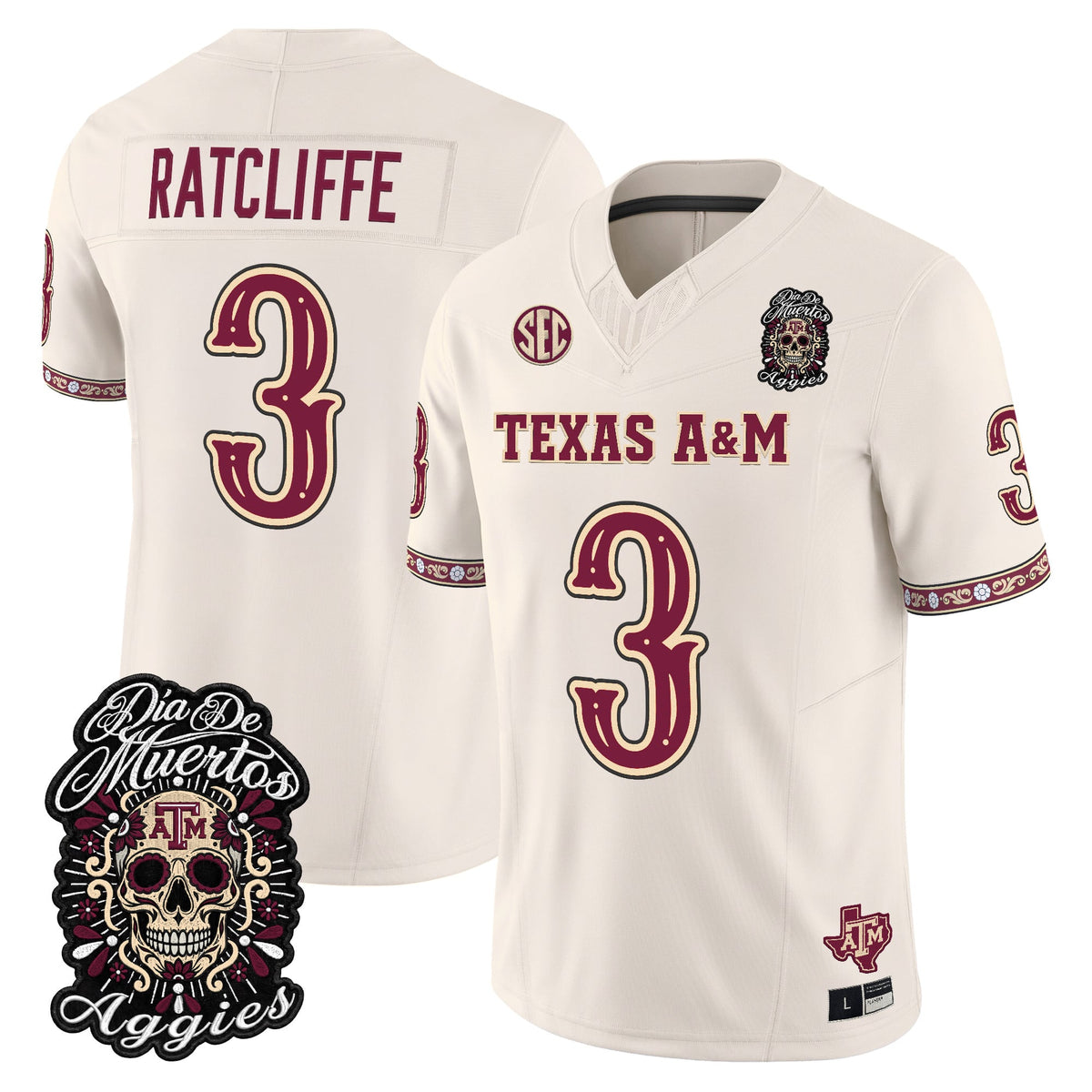 Men's Texas A&M Aggies Día de los Muertos Vapor Limited Jersey - All Stitched - Bone - Marcus Ratcliffe