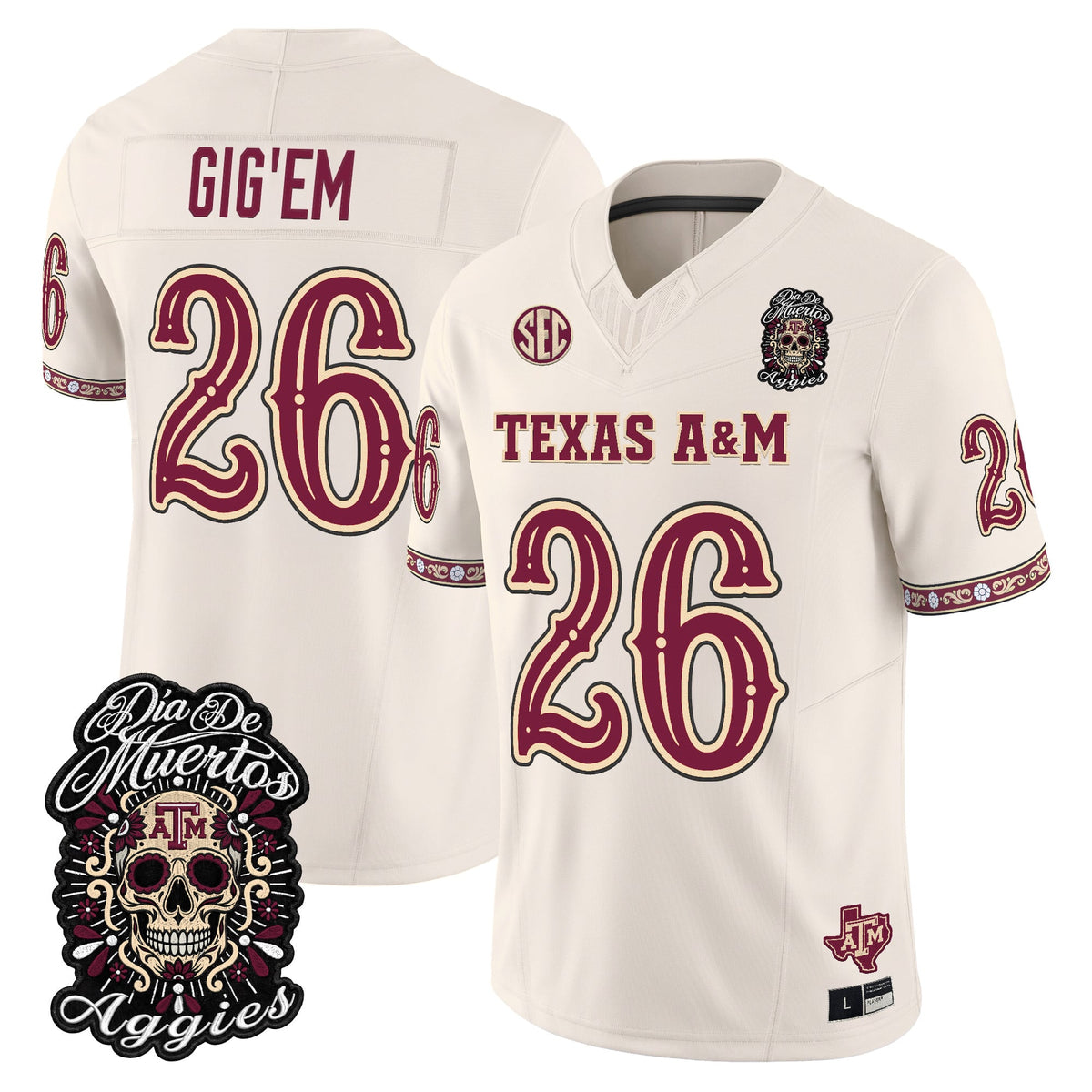 Men's Texas A&M Aggies Día de los Muertos Vapor Limited Jersey - All Stitched - Bone - #26 Gig'Em