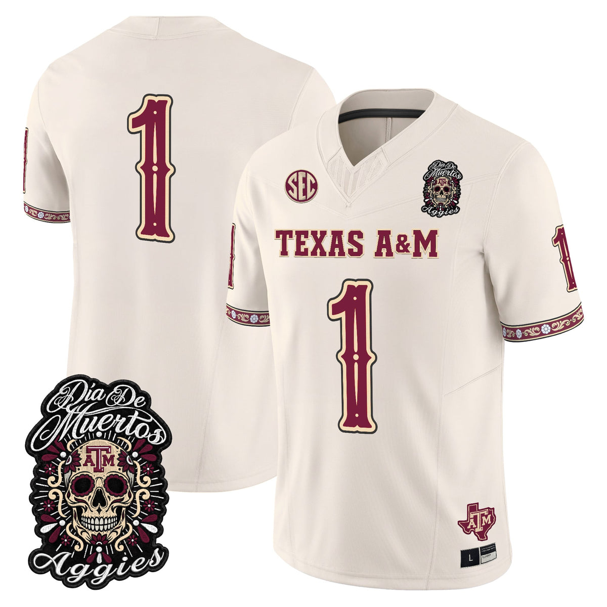 Men's Texas A&M Aggies Día de los Muertos Vapor Limited Jersey - All Stitched - Bone - #1 Team