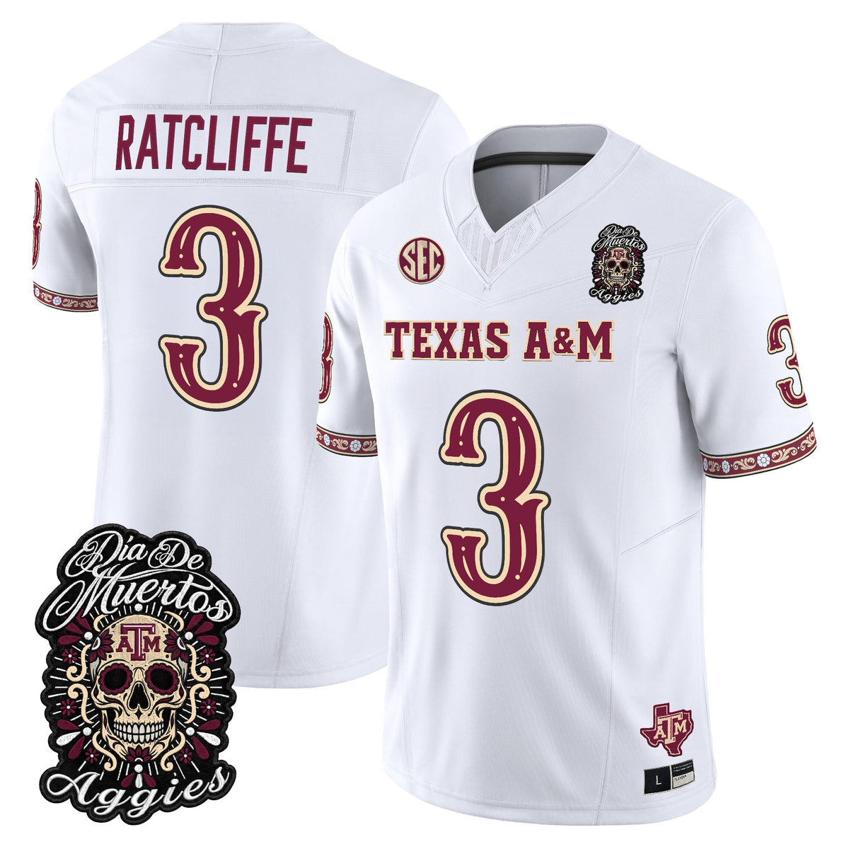 Men's Texas A&M Aggies Día de los Muertos Vapor Limited Jersey - All Stitched - White - Marcus Ratcliffe