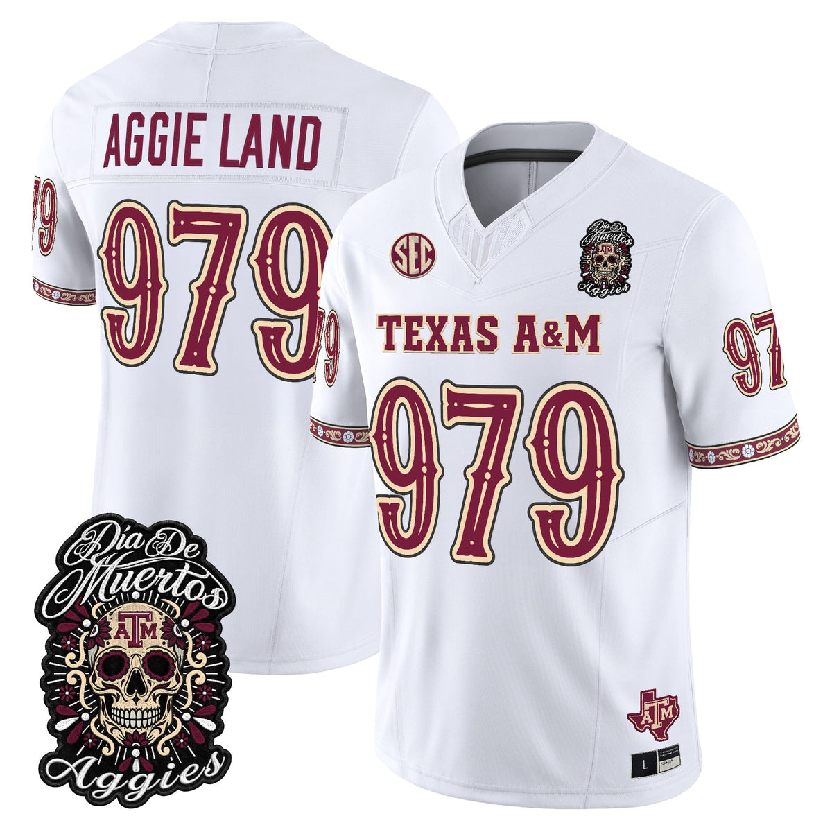 Men's Texas A&M Aggies Día de los Muertos Vapor Limited Jersey - All Stitched - White - Aggie Land 979