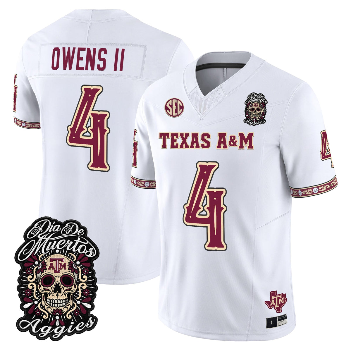 Men's Texas A&M Aggies Día de los Muertos Vapor Limited Jersey - All Stitched - White - Rueben Owens II