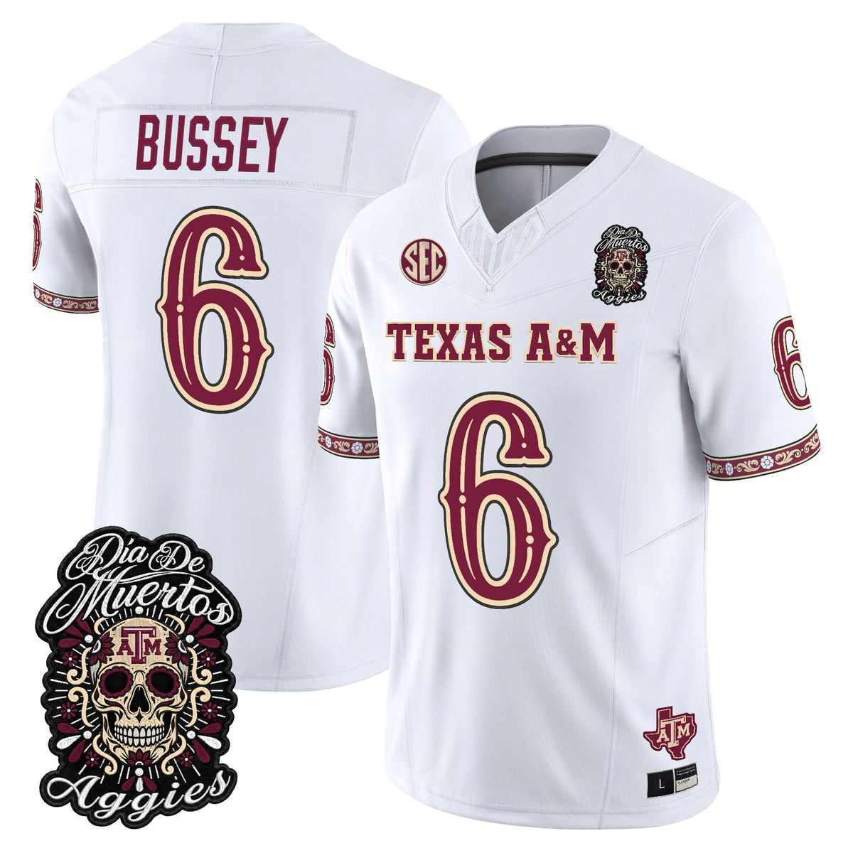 Men's Texas A&M Aggies Día de los Muertos Vapor Limited Jersey - All Stitched - White - Terry Bussey