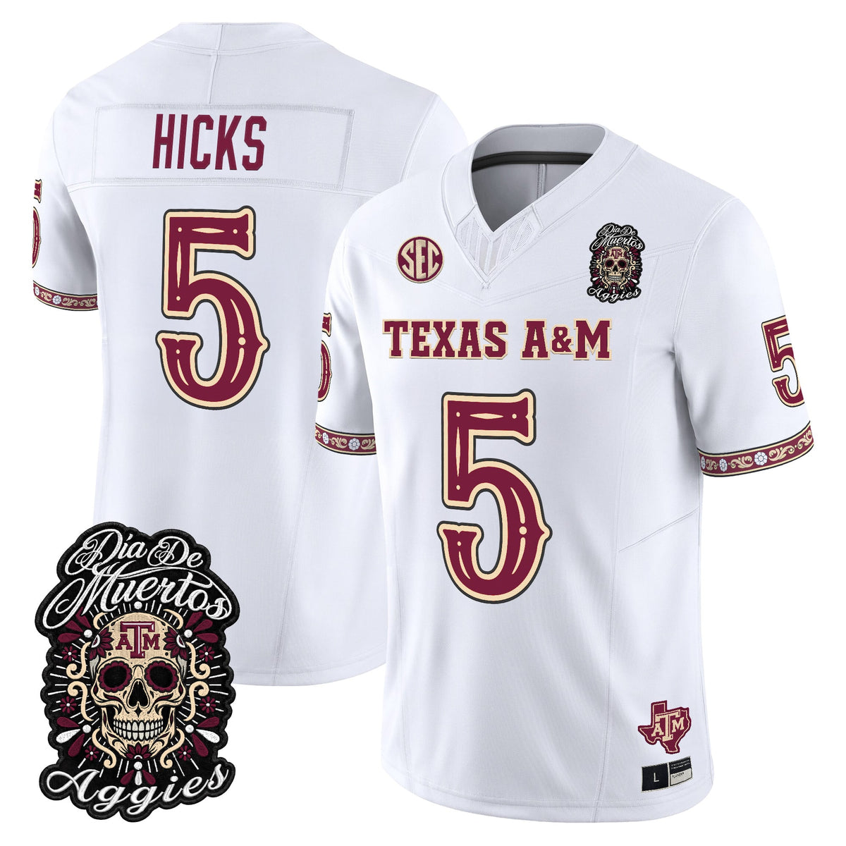 Men's Texas A&M Aggies Día de los Muertos Vapor Limited Jersey - All Stitched - White - DJ Hicks