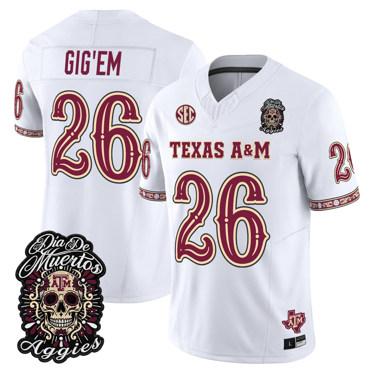 Men's Texas A&M Aggies Día de los Muertos Vapor Limited Jersey - All Stitched - White - #26 Gig'Em