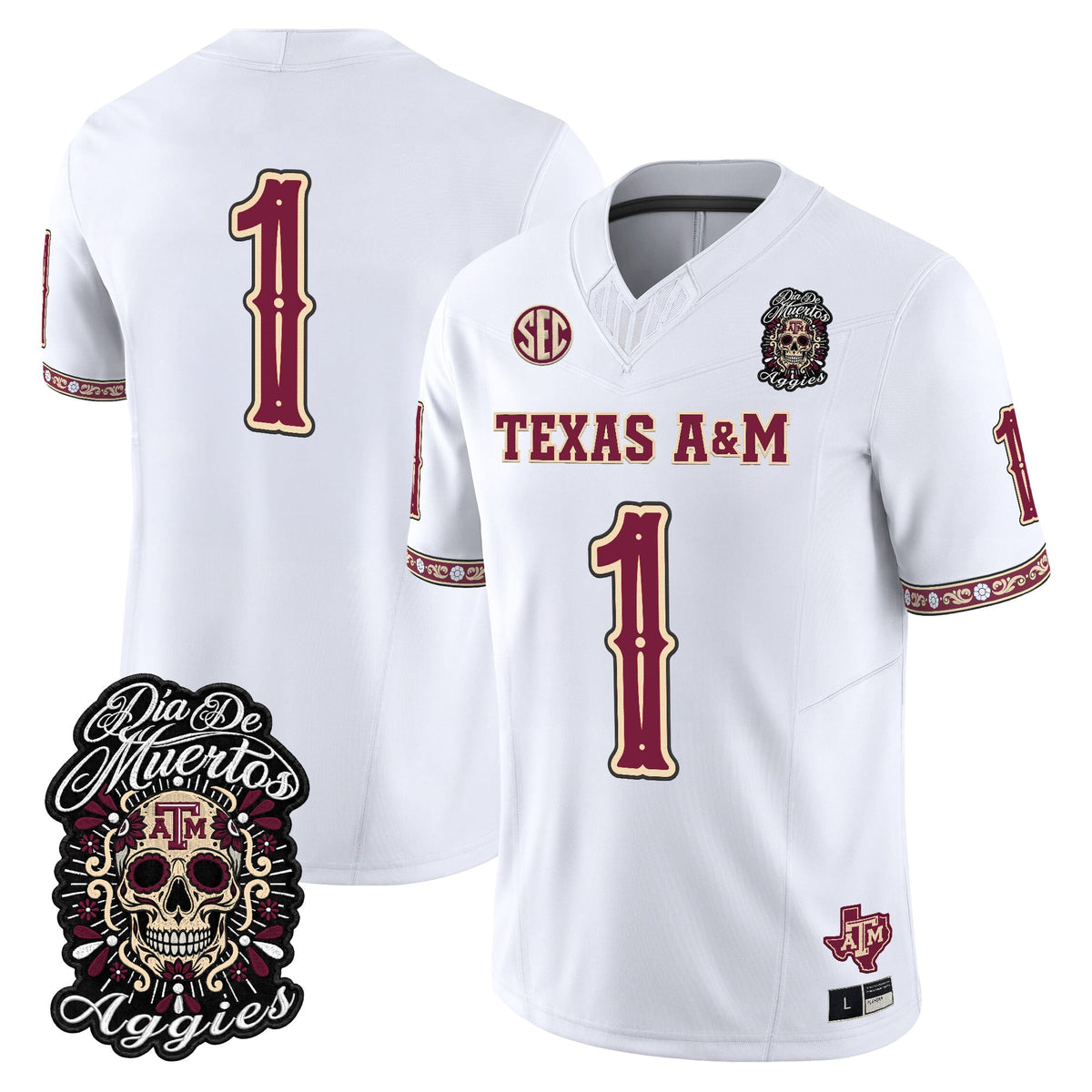 Men's Texas A&M Aggies Día de los Muertos Vapor Limited Jersey - All Stitched - White - #1 Team